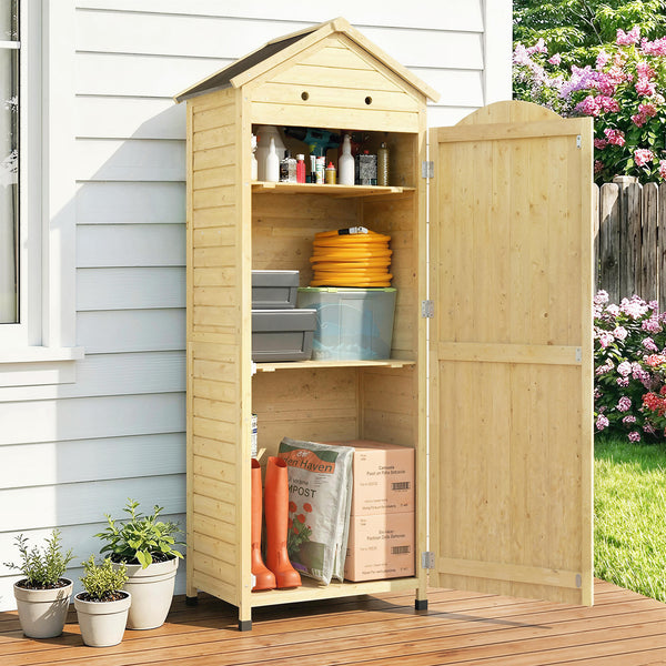 Armoire de Jardin en Bois - Abri de Jardin 213cm de Haut avec Toit en Métal Galvanisé - Remise à Outils à Long Manche, Texture Gaufrée et Étagères Réglables pour Terrasse, Bois Naturel
