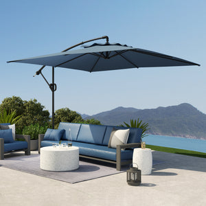 Parasol déporté carré 3 x 3 m, parasol de jardin extérieur avec manivelle, base croisée, parasol inclinable et rotation à 360°, toile polyester 180 g/m², protection UV UPF50+, bleu clair