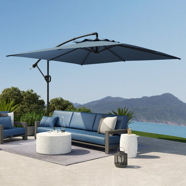 Parasol déporté carré 3 x 3 m, parasol de jardin extérieur avec manivelle, base croisée, parasol inclinable et rotation à 360°, toile polyester 180 g/m², protection UV UPF50+, bleu clair