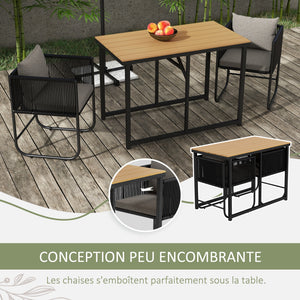 Salon de jardin ensemble 3 pièces extérieur avec 1 table et 2 fauteuils 4 coussins table en composite plateau aspect bois noir