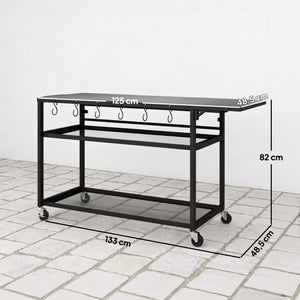 Desserte jardin chariot de barbecue sur roulettes îlot de cuisine avec Plateau Latéral Pliable, Trois Étagères, Crochets et Poinége, 133 x 48,5 x 82 cm, Noir