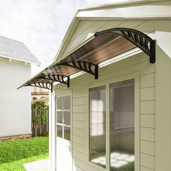 Auvent de porte d'entrée, toit marquise de porte exterieur en polycarbonate et profil aluminium résistante toit abri protection contre la pluie et UV pour terrasse, balcon, 303x96cm, marron