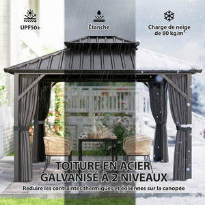 Pavillon 3 x 3,6 m avec Toit Rigide en Acier Galvanisé, Protection UPF50+, Cadre en Aluminium, Rideaux et Moustiquaire, Crochet de Plafond, Gris Foncé