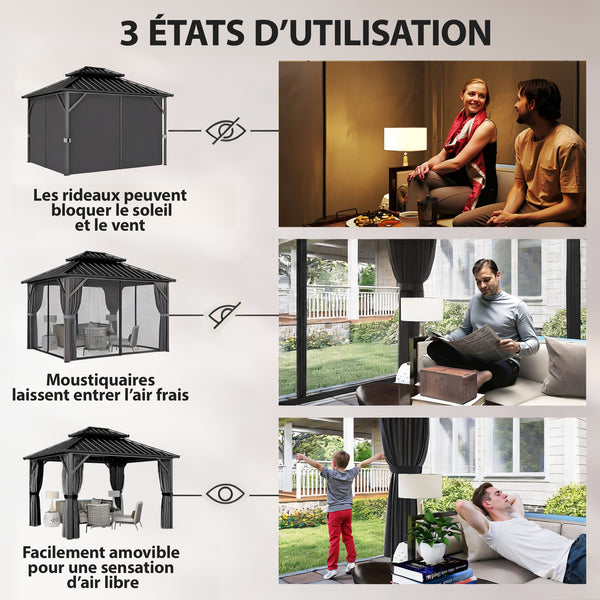 Pavillon 3 x 3,6 m avec Toit Rigide en Acier Galvanisé, Protection UPF50+, Cadre en Aluminium, Rideaux et Moustiquaire, Crochet de Plafond, Gris Foncé