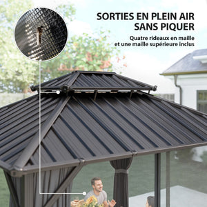 Pavillon 3 x 3,6 m avec Toit Rigide en Acier Galvanisé, Protection UPF50+, Cadre en Aluminium, Rideaux et Moustiquaire, Crochet de Plafond, Gris Foncé