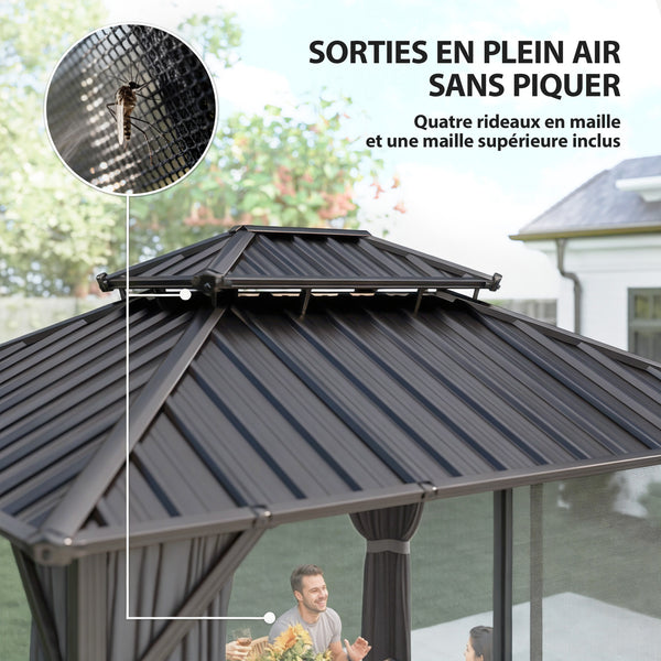 Pavillon 3 x 3,6 m avec Toit Rigide en Acier Galvanisé, Protection UPF50+, Cadre en Aluminium, Rideaux et Moustiquaire, Crochet de Plafond, Gris Foncé