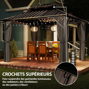 Pavillon 3 x 3,6 m avec Toit Rigide en Acier Galvanisé, Protection UPF50+, Cadre en Aluminium, Rideaux et Moustiquaire, Crochet de Plafond, Gris Foncé