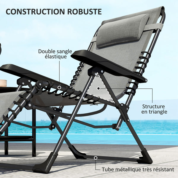 Lot de 2 bain de soleil, chaise longue pliante avec appuie-tête en textilène, transat jardin extérieur inclinable de plage camping piscine terrasse, 90 x 65 x 112 cm, gris