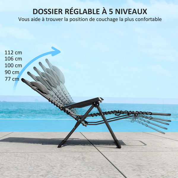 Lot de 2 bain de soleil, chaise longue pliante avec appuie-tête en textilène, transat jardin extérieur inclinable de plage camping piscine terrasse, 90 x 65 x 112 cm, gris