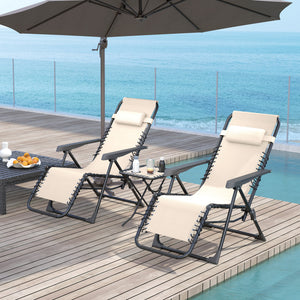 Lot de 2 chaise longue pliable et inclinable avec table d'appoint, fauteuil relax jardin de gravité zéro transat bain de soleil avec porte-gobelets et appuie-tête, charge 120 kg, beige
