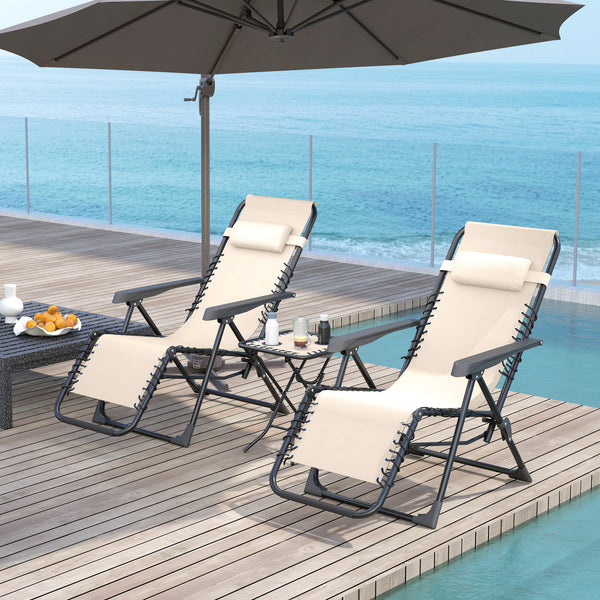 Lot de 2 chaise longue pliable et inclinable avec table d'appoint, fauteuil relax jardin de gravité zéro transat bain de soleil avec porte-gobelets et appuie-tête, charge 120 kg, beige