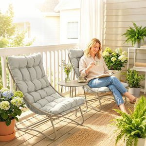 - Salon bistro 3 pièces pour 2 personnes, table ronde et chaises d'extérieur avec assise en textilène et coussins, mobilier de jardin en métal pour patio et balcon, gris clair