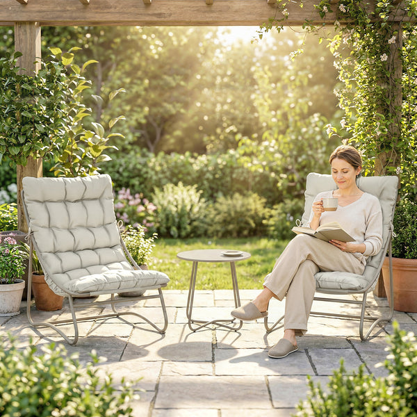 - Salon bistro 3 pièces pour 2 personnes, table ronde et chaises d'extérieur avec assise en textilène et coussins, mobilier de jardin en métal pour patio et balcon, gris clair