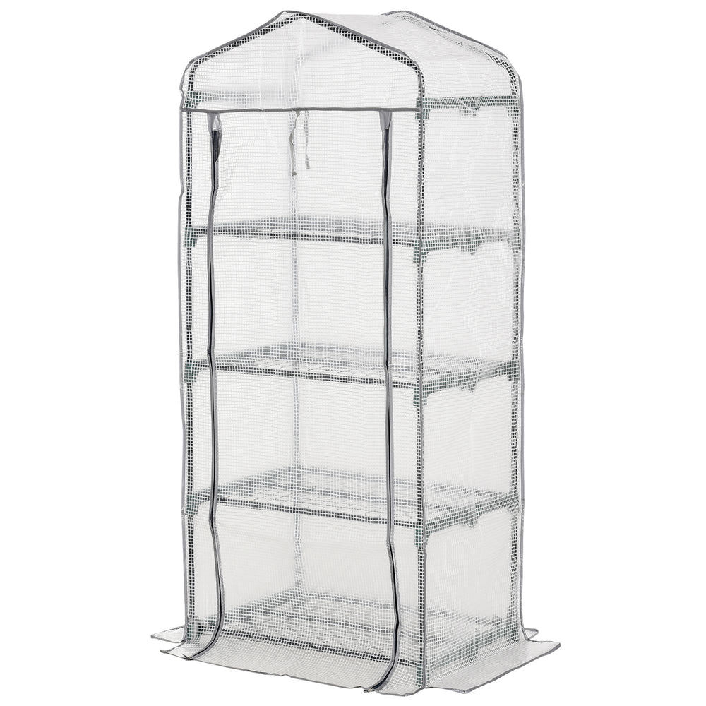 Serre de Jardin PE avec Étagères 4 Niveaux, Serre de Balcon, Bâche Renforcée 140g/m², Châssis en Acier, Porte Zippée Enroulable, pour Légumes et Plantes, Extérieur, 70x50x160cm, Blanc et Gris