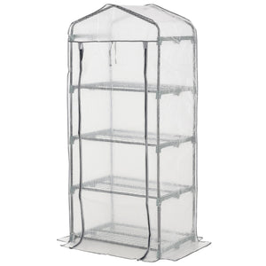 Serre de Jardin PE avec Étagères 4 Niveaux, Serre de Balcon, Bâche Renforcée 140g/m², Châssis en Acier, Porte Zippée Enroulable, pour Légumes et Plantes, Extérieur, 70x50x160cm, Blanc et Gris