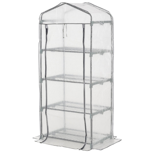 Serre de Jardin PE avec Étagères 4 Niveaux, Serre de Balcon, Bâche Renforcée 140g/m², Châssis en Acier, Porte Zippée Enroulable, pour Légumes et Plantes, Extérieur, 70x50x160cm, Blanc et Gris