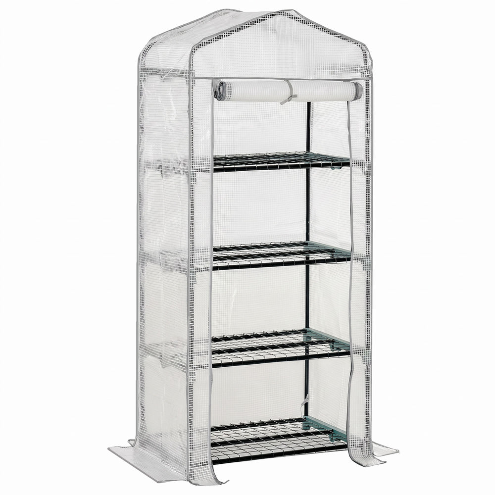 Serre de Jardin PE avec Étagères 4 Niveaux, Serre de Balcon, Bâche Renforcée 140g/m², Châssis en Acier, Porte Zippée Enroulable, pour Légumes et Plantes, Extérieur, 70x50x160cm, Blanc et Gris