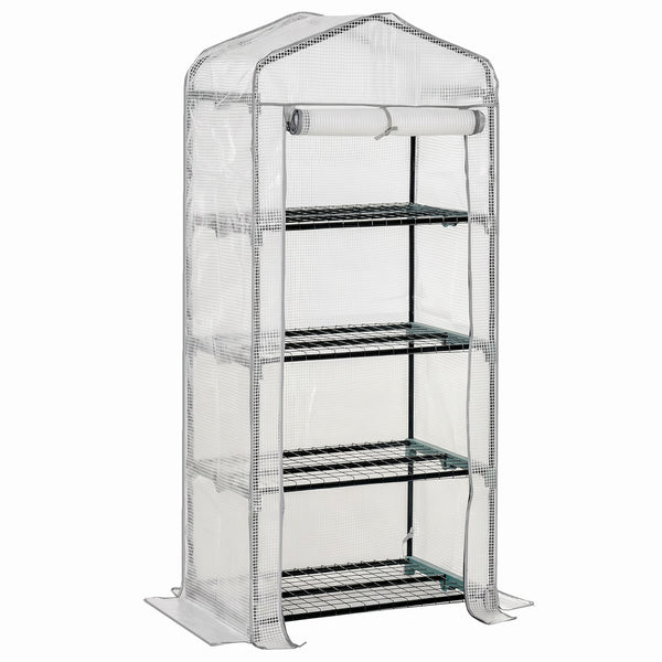 Serre de Jardin PE avec Étagères 4 Niveaux, Serre de Balcon, Bâche Renforcée 140g/m², Châssis en Acier, Porte Zippée Enroulable, pour Légumes et Plantes, Extérieur, 70x50x160cm, Blanc et Gris