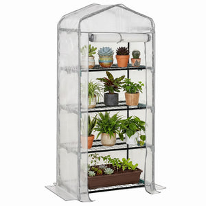 Serre de Jardin PE avec Étagères 4 Niveaux, Serre de Balcon, Bâche Renforcée 140g/m², Châssis en Acier, Porte Zippée Enroulable, pour Légumes et Plantes, Extérieur, 70x50x160cm, Blanc et Gris