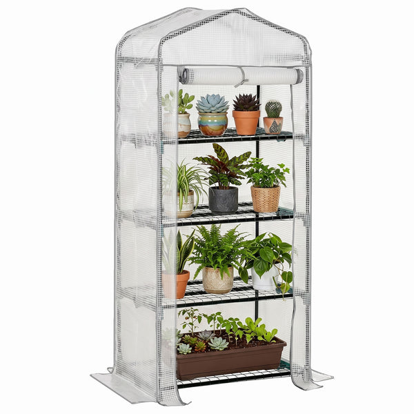 Serre de Jardin PE avec Étagères 4 Niveaux, Serre de Balcon, Bâche Renforcée 140g/m², Châssis en Acier, Porte Zippée Enroulable, pour Légumes et Plantes, Extérieur, 70x50x160cm, Blanc et Gris