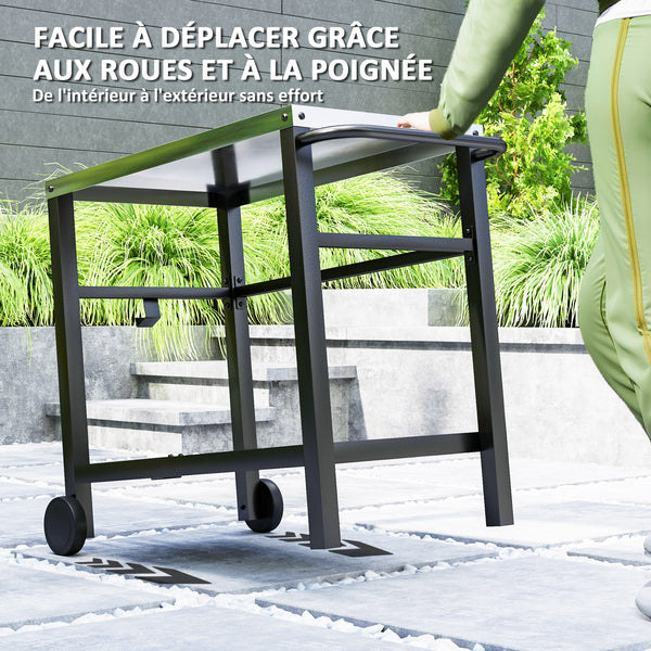 Desserte plancha extérieure avec plan de travail en acier inoxydable, chariot de barbecue avec étagère, desserte de jardin avec crochets, porte-serviettes, 2 roues, 102x50x81cm, gris charbon