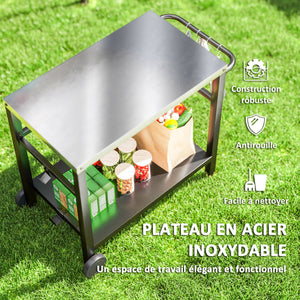 Desserte plancha extérieure avec plan de travail en acier inoxydable, chariot de barbecue avec étagère, desserte de jardin avec crochets, porte-serviettes, 2 roues, 102x50x81cm, gris charbon