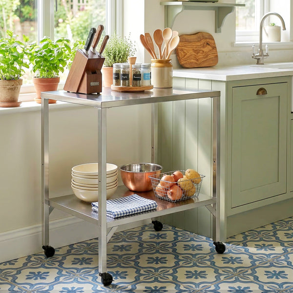 Chariot de Barbecue en Acier Inoxydable - Table de Préparation Extérieur de 85x60cm avec Plan de Travail et Roulettes - Desserte de Jardin Stable pour Four à Pizza et Grill, Argenté