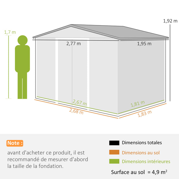 Abri de jardin en métal 5,4 m² cabane de jardin 277 x 195 x 192 cm cabanon rangement outils avec fondation, porte coulissante verrouillables et 4 aérations - vert clair