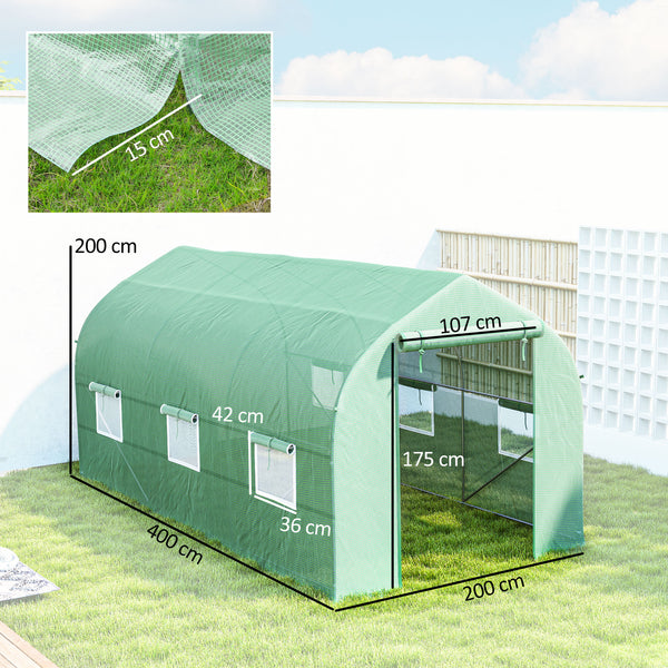 Serre tunnel de jardin 8m², serre de jardin tunnel 400x200x200cm avec 1 porte et 6 fenêtres, pour extérieur, toutes saisons, légumes, fruits, fleurs, bâche PE haute densité 140 g/m² vert