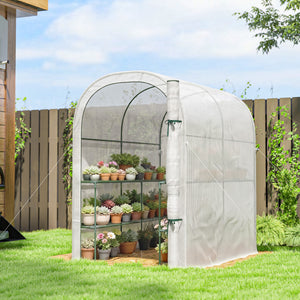 Serre de jardin avec étagères, 123 x 187 x 189 cm, petite serre avec porte enroulable, bâche PE haute densité 140 g/m², prolongée de 10 cm, blanc