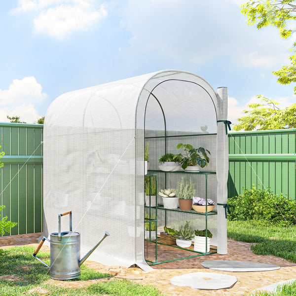 Serre de jardin avec étagères, 123 x 187 x 189 cm, petite serre avec porte enroulable, bâche PE haute densité 140 g/m², prolongée de 10 cm, blanc