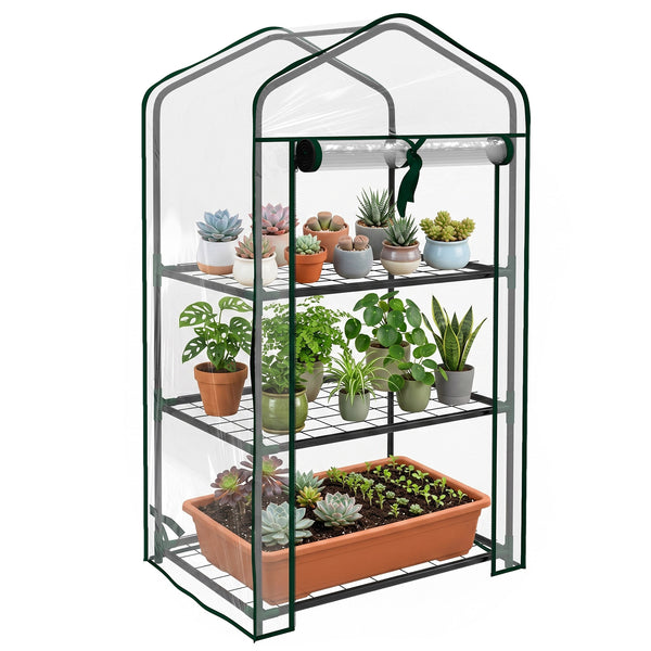 Serre de jardin avec étagères 3 niveaux, serre de balcon, bâche renforcée PVC, châssis en acier, porte zippée enroulable, pour légumes plantes fleurs, 59 x 39 x 127 cm, transparent