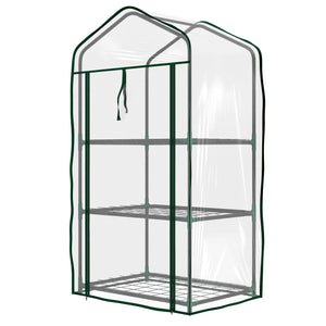 Serre de jardin avec étagères 3 niveaux, serre de balcon, bâche renforcée PVC, châssis en acier, porte zippée enroulable, pour légumes plantes fleurs, 59 x 39 x 127 cm, transparent
