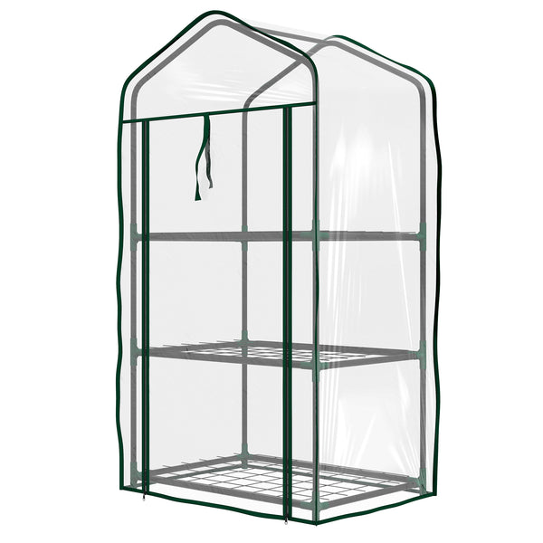 Serre de jardin avec étagères 3 niveaux, serre de balcon, bâche renforcée PVC, châssis en acier, porte zippée enroulable, pour légumes plantes fleurs, 59 x 39 x 127 cm, transparent