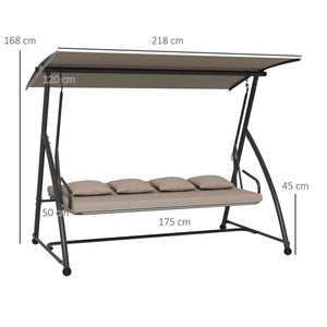 Balancelle de jardin 3 places, balancelle jardin extérieure convertible, toit inclinaison réglable, coussin assise et dossier, 4 oreillers, grand confort, 218 x 120 x 168 cm, marron clair