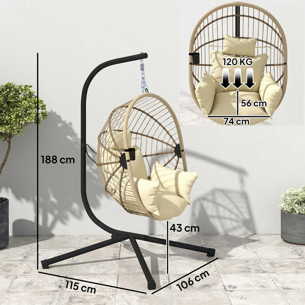 Fauteuil Suspendu, Fauteuil Œuf Suspendu, Chaise Hamac Balançoire - Panier Pliable, Coussin Rembourré, Poche, Oreiller, Chaise Suspendue Cocooning Intérieur et Extérieur, Kaki