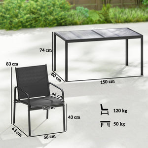 Ensemble de Salle à Manger Extérieur 7 Pièces pour 6 Personnes, Table de Patio Effet Bois et Chaises avec Assise en Maille Respirante, Mobilier de Jardin avec Cadre en Acier Galvanisé, Noir