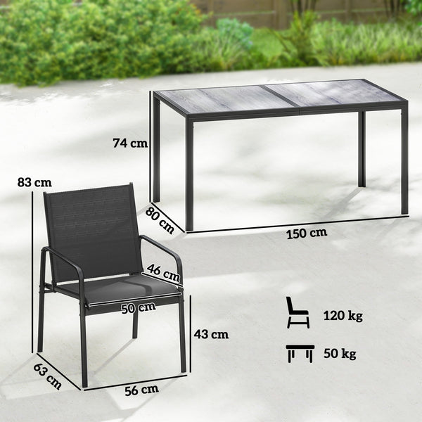 Ensemble de Salle à Manger Extérieur 7 Pièces pour 6 Personnes, Table de Patio Effet Bois et Chaises avec Assise en Maille Respirante, Mobilier de Jardin avec Cadre en Acier Galvanisé, Noir