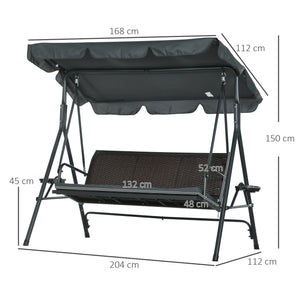 Balancelle de jardin 3 places toit inclinaison réglable avec porte-gobelets plateaux coussin assise dossier ergonomique en résine tressée PE cadre en acier et polyester gris foncé et marron