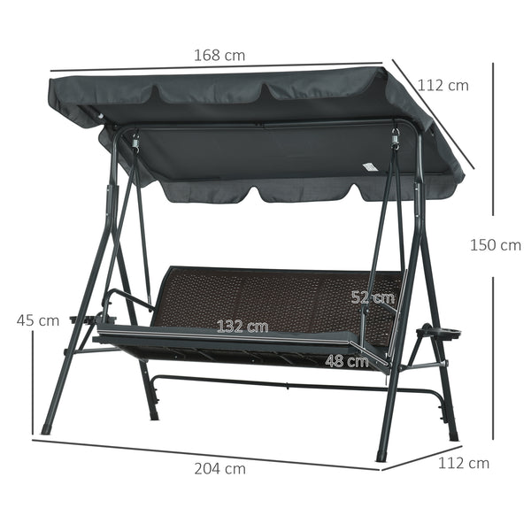 Balancelle de jardin 3 places toit inclinaison réglable avec porte-gobelets plateaux coussin assise dossier ergonomique en résine tressée PE cadre en acier et polyester gris foncé et marron