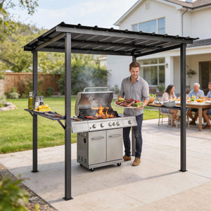Abri pour Barbecue Tonnelle de Jardin avec Toit en Métal Galvanisé, 271 x 182 x 229 cm, Idéal pour Jardin, Terrasse et Patio, Noir