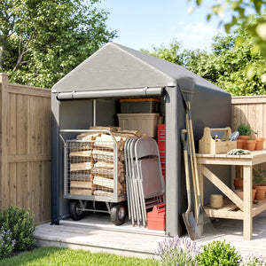 Abri de Jardin avec 2 Compartiments, Tente de Stockage Imperméable, Abri Moto, Porte Enroulable à Fermeture Éclair, Garage pour Vélo, Outils, Moto, Bois, 120x179x165cm, Gris Clair