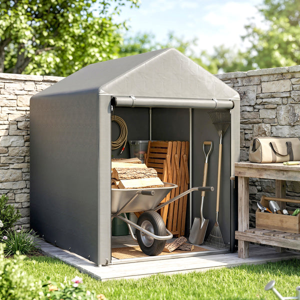 Abri de Jardin avec 2 Compartiments, Tente de Stockage Imperméable, Abri Moto, Porte Enroulable à Fermeture Éclair, Garage pour Vélo, Outils, Moto, Bois, 120x179x165cm, Gris Clair