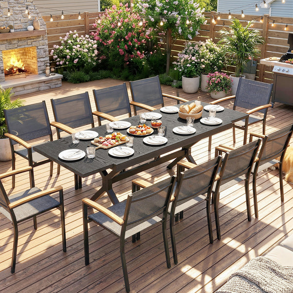Table de Jardin Extensible Aluminium Effet Bois - 154-214 cm Table de Repas Extérieure pour 8-10 Personnes - Structure X Robuste et Pieds Réglables pour Terrasse et Jardin, Gris Anthracite