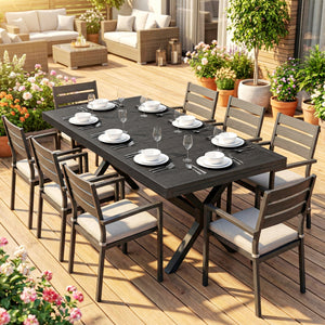 Table de Jardin Extensible Aluminium Effet Bois - 154-214 cm Table de Repas Extérieure pour 8-10 Personnes - Structure X Robuste et Pieds Réglables pour Terrasse et Jardin, Gris Anthracite