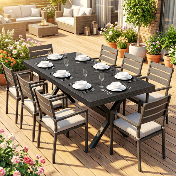 Table de Jardin Extensible Aluminium Effet Bois - 154-214 cm Table de Repas Extérieure pour 8-10 Personnes - Structure X Robuste et Pieds Réglables pour Terrasse et Jardin, Gris Anthracite