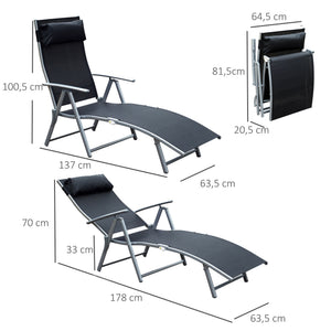 transat Chaise Longue Bain de Soleil Pliable Dossier inclinable Multi-Positions têtière fournie 137L x 64l x 101H cm métal époxy textilène Noir