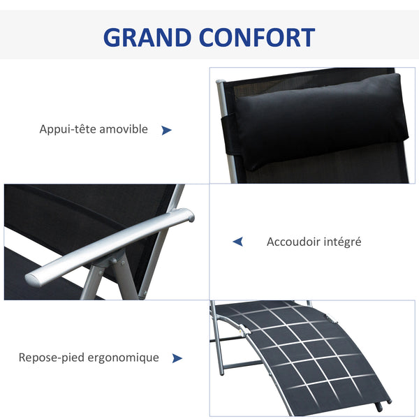 transat Chaise Longue Bain de Soleil Pliable Dossier inclinable Multi-Positions têtière fournie 137L x 64l x 101H cm métal époxy textilène Noir