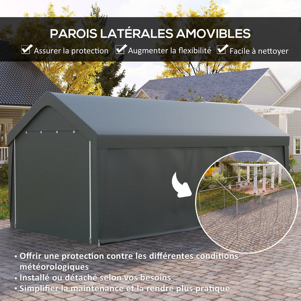 Carport tente de garage 3 x 6 m, abri voiture extérieur, tente de stockage avec parois latérales amovibles et 2 portes zippées enroulables, carport pour voiture, camion, bateau, gris foncé