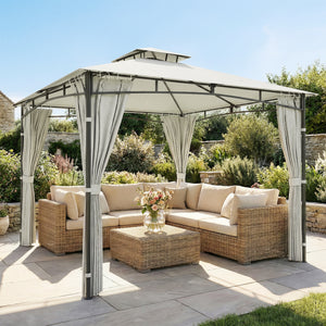 Tonnelle de Jardin Extérieur 3x3m Pavillon Métal Ø 48mm - Cadre de Toit Rétractable & Double Toit UV50+ - Abri de Jardin Imperméable Robuste pour 6-8 Personnes, Crème